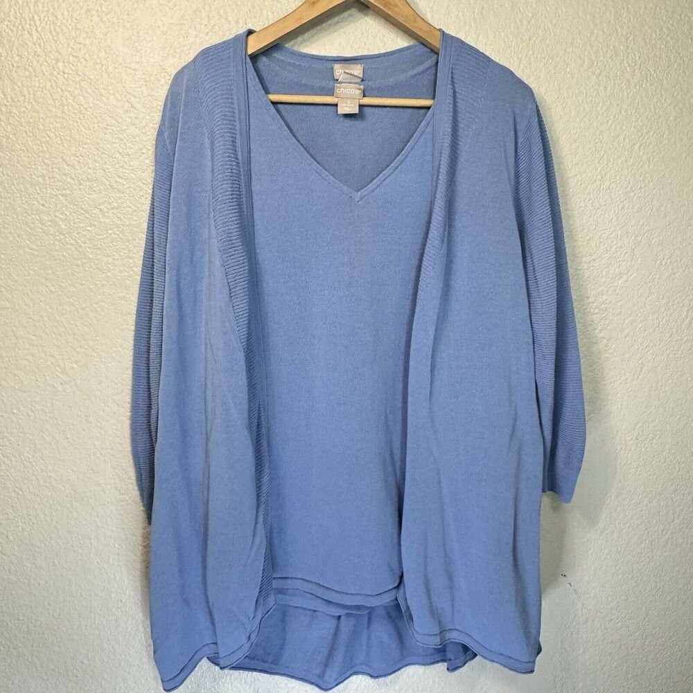 Chicos Cardigan Set Women 3 Blue Knit 2 Piece XL Coordinate Casual Office Work